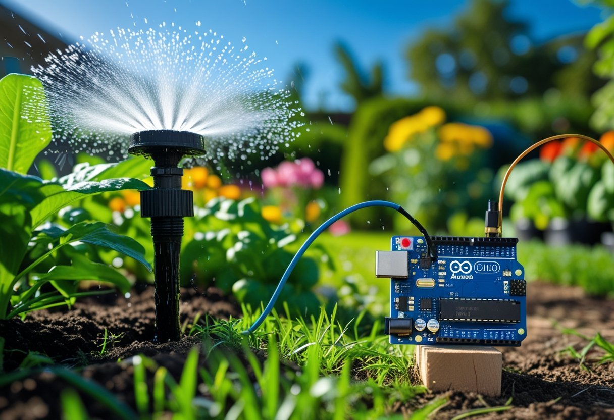 A garden sprinkler system with an Arduino board watering green plants in a garden.