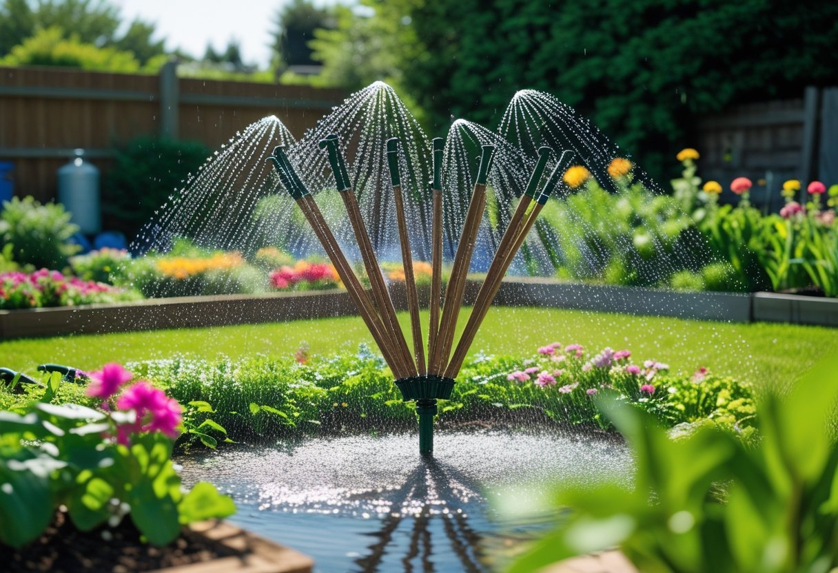 A garden sprinkler system made from old umbrella frames spraying water over a green garden with flowers and grass.
