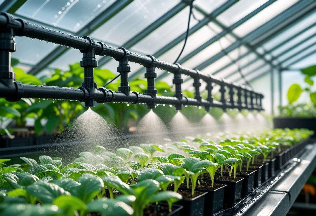 Close-up of a DIY misting system spraying water over plants inside a greenhouse.