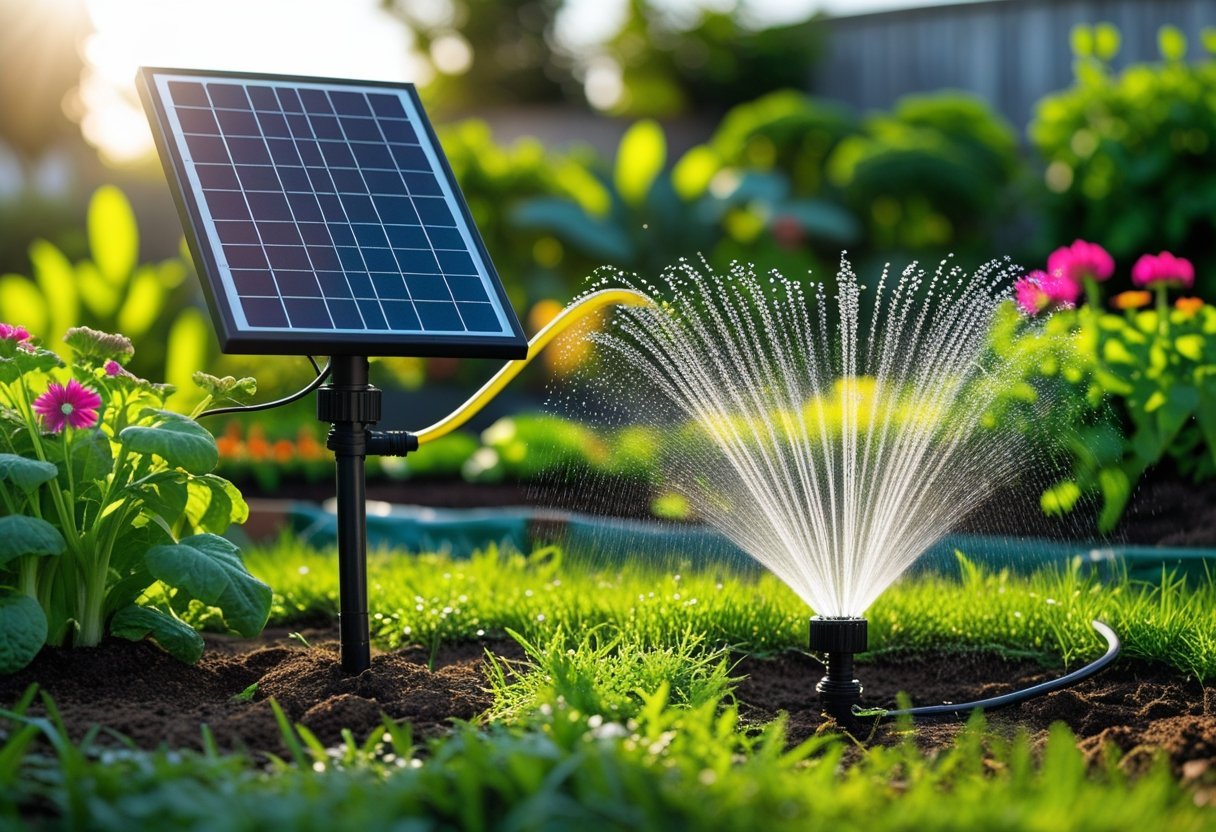 A solar panel powering a garden sprinkler spraying water over green grass and plants in a garden.