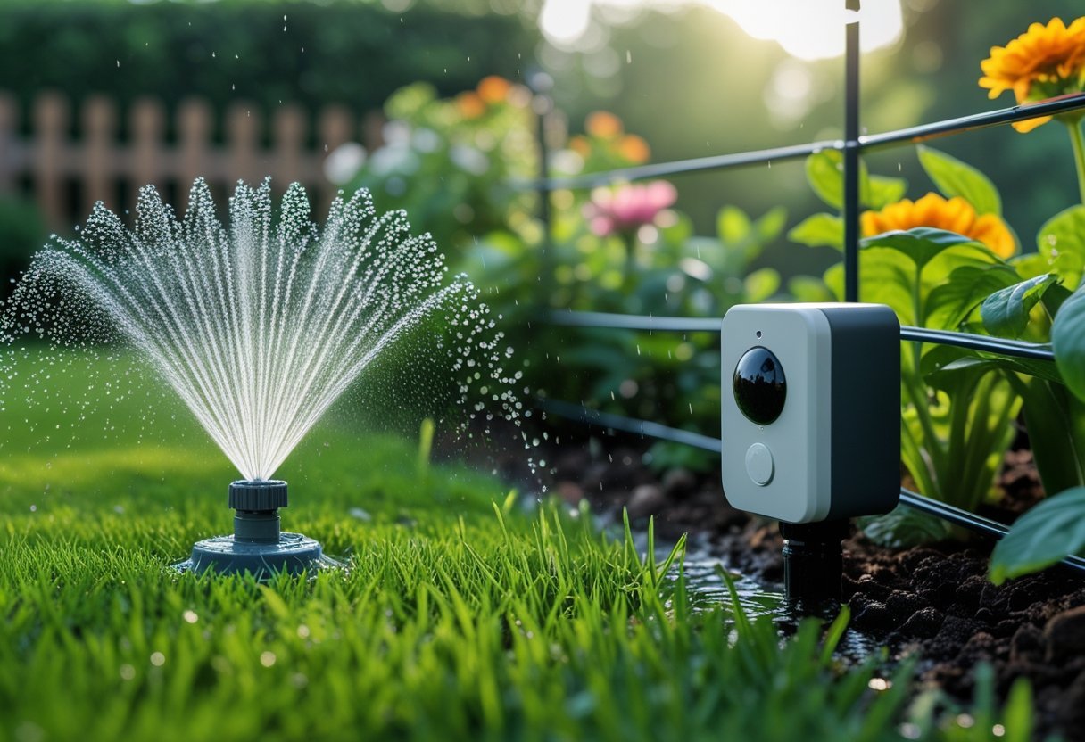 A garden lawn with a sprinkler spraying water and a motion sensor mounted on a fence post nearby.