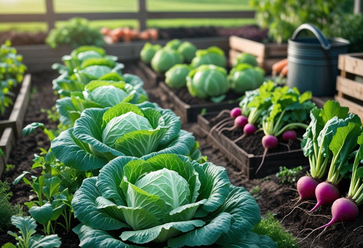 A garden bed with rows of green cabbage plants and other vegetables growing in rich soil outdoors.