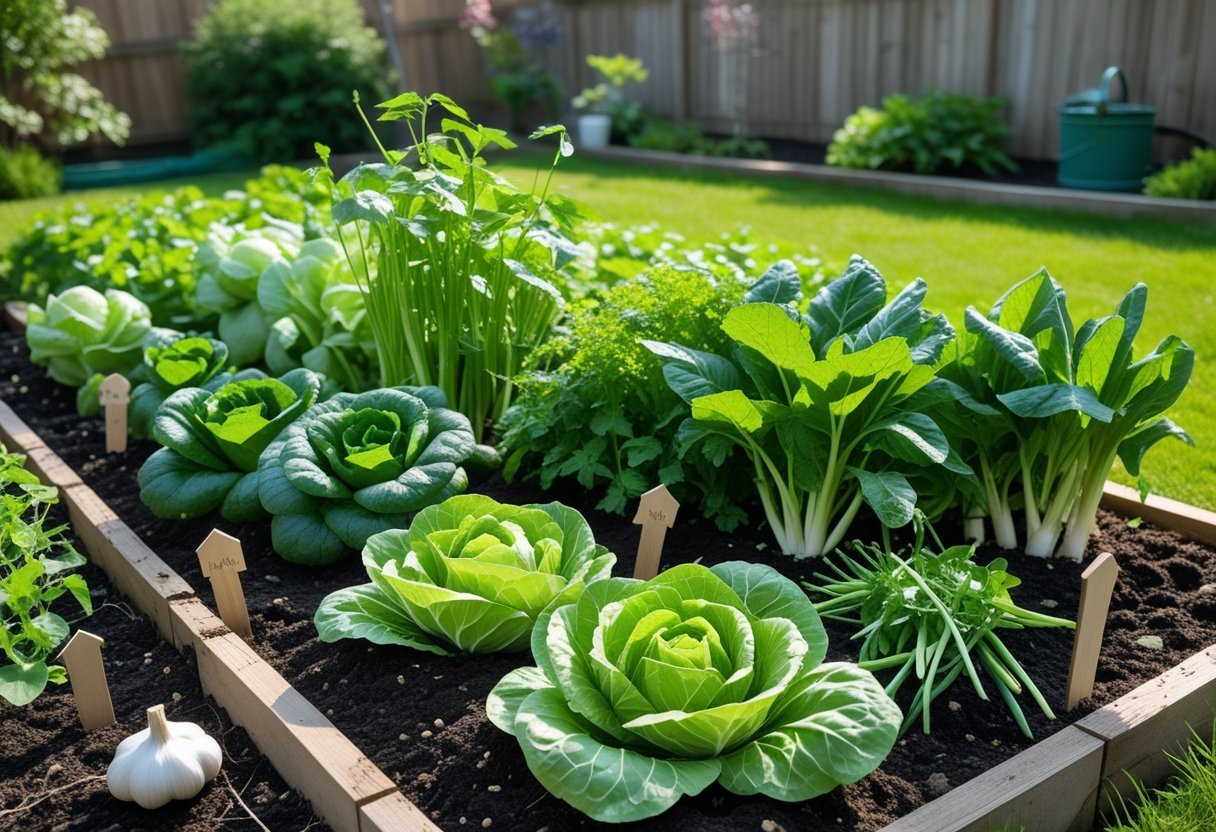A vegetable garden bed with healthy napa cabbage, radishes, green onions, and garlic growing for kimchi fermentation crops.