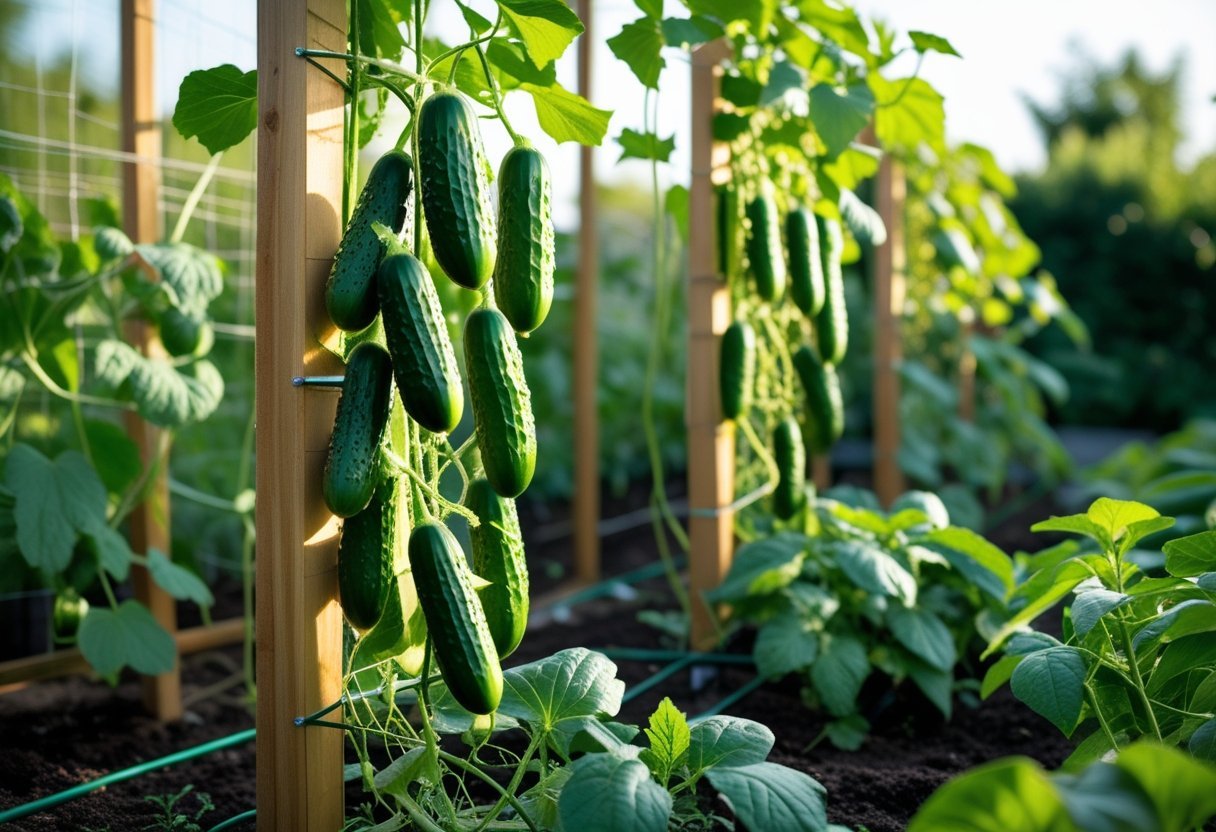 A garden with a trellis supporting green cucumber vines bearing small cucumbers, surrounded by other vegetable plants.