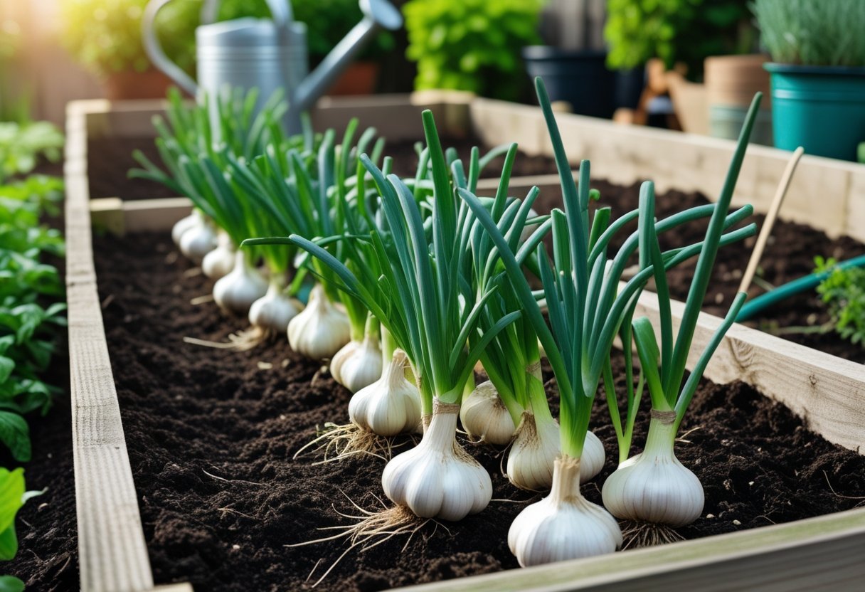 Raised bed garden with healthy garlic and onion plants growing in rows outdoors.
