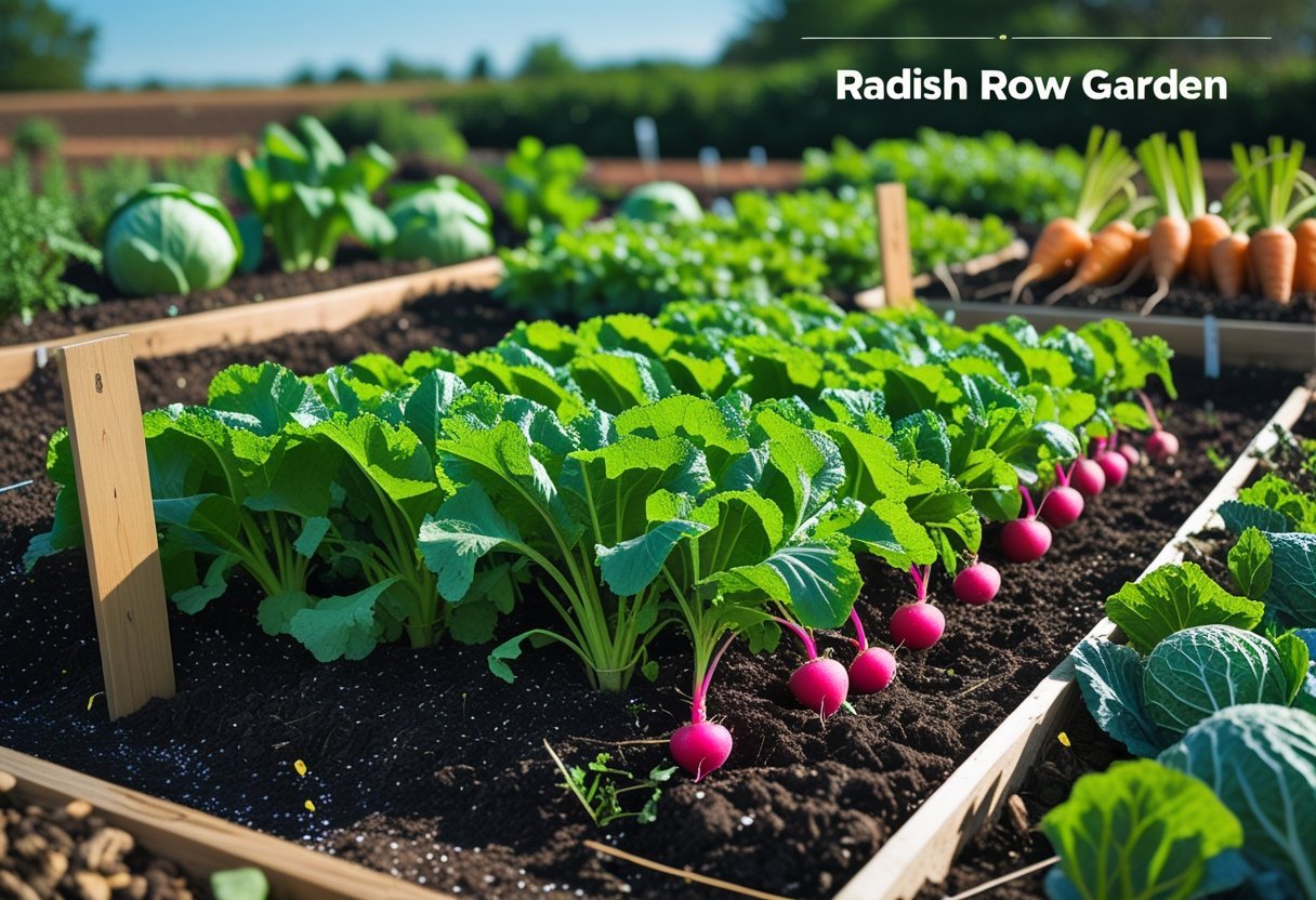A garden bed with rows of radishes and other vegetables growing in rich soil under sunlight.
