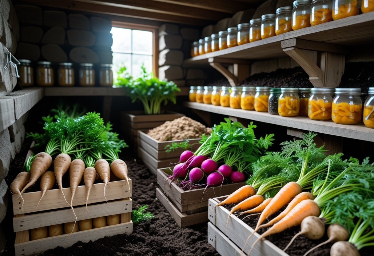 A root cellar garden with wooden crates and baskets of fresh root vegetables, shelves with jars of fermenting vegetables, gardening tools, and natural light coming through a small window.