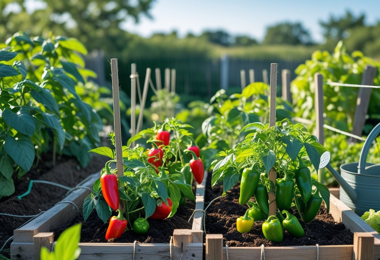 A garden corner with healthy spicy pepper plants growing in raised beds alongside other fermentation crops like cabbage and garlic, with gardening tools nearby.