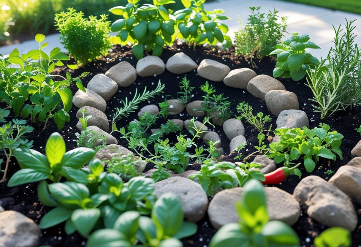 A vibrant herb spiral garden with fresh herbs and fermentation crops growing in a circular stone structure outdoors.
