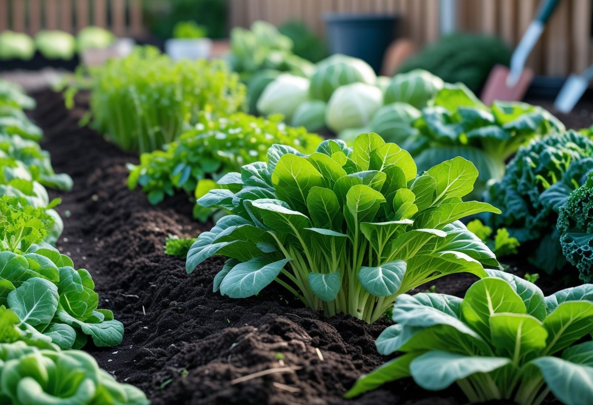 A garden strip with healthy mustard green plants and other leafy vegetables growing in neat rows outdoors.