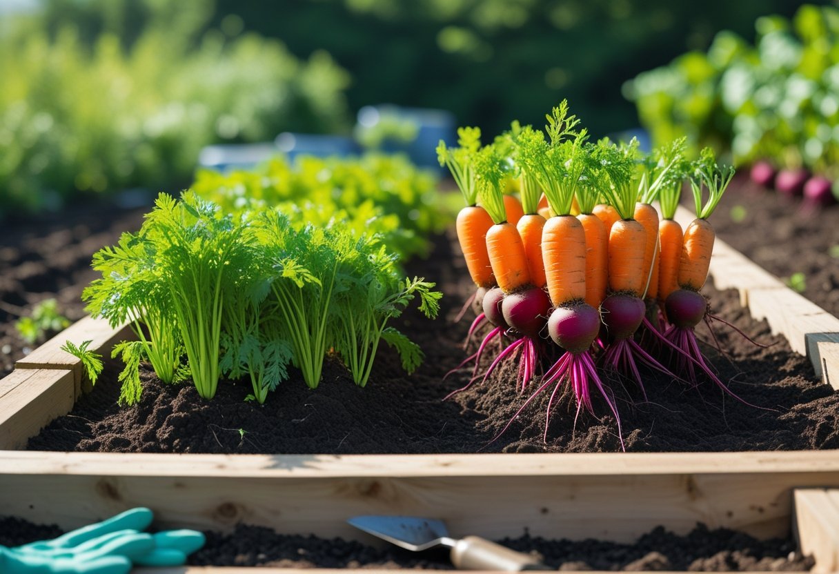 A garden bed with rows of healthy carrot and beetroot plants growing in dark soil under natural sunlight.