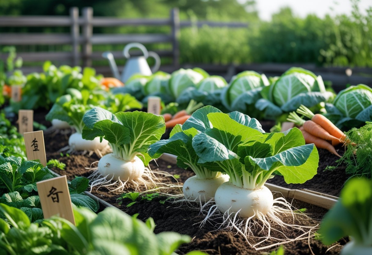 A garden plot with rows of healthy daikon radish plants and other vegetables growing in rich soil under natural sunlight.