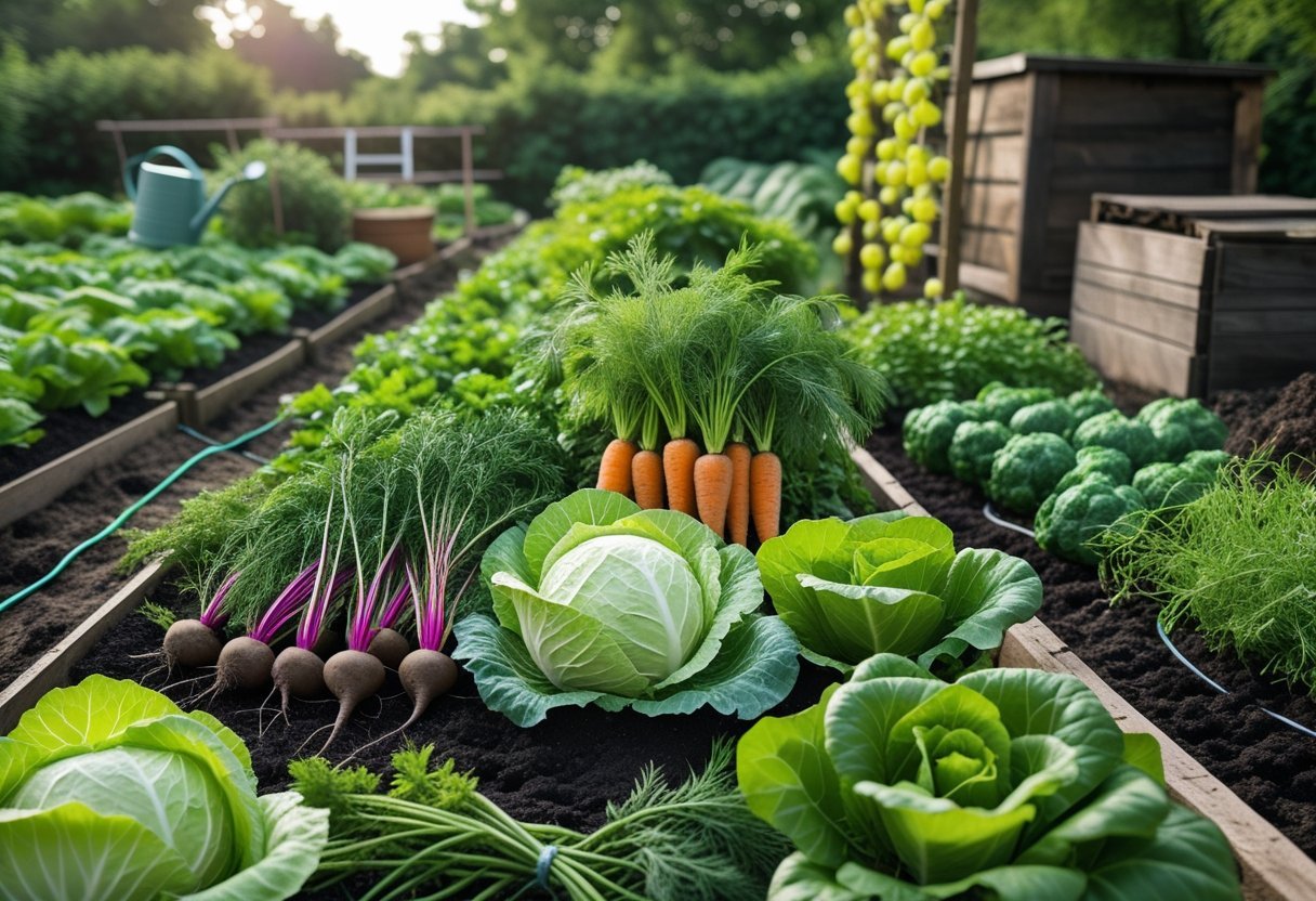 A garden with various vegetables and herbs growing in raised beds, including cabbage, carrots, beets, garlic, and dill, with garden tools and a compost bin in the background.