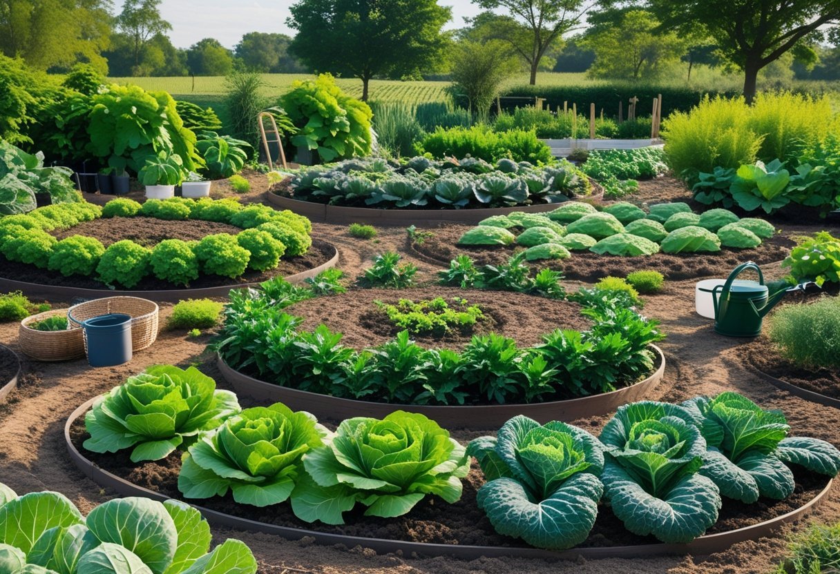 A garden with circular planting beds growing leafy vegetables and herbs, with pathways and gardening tools visible under a clear sky.