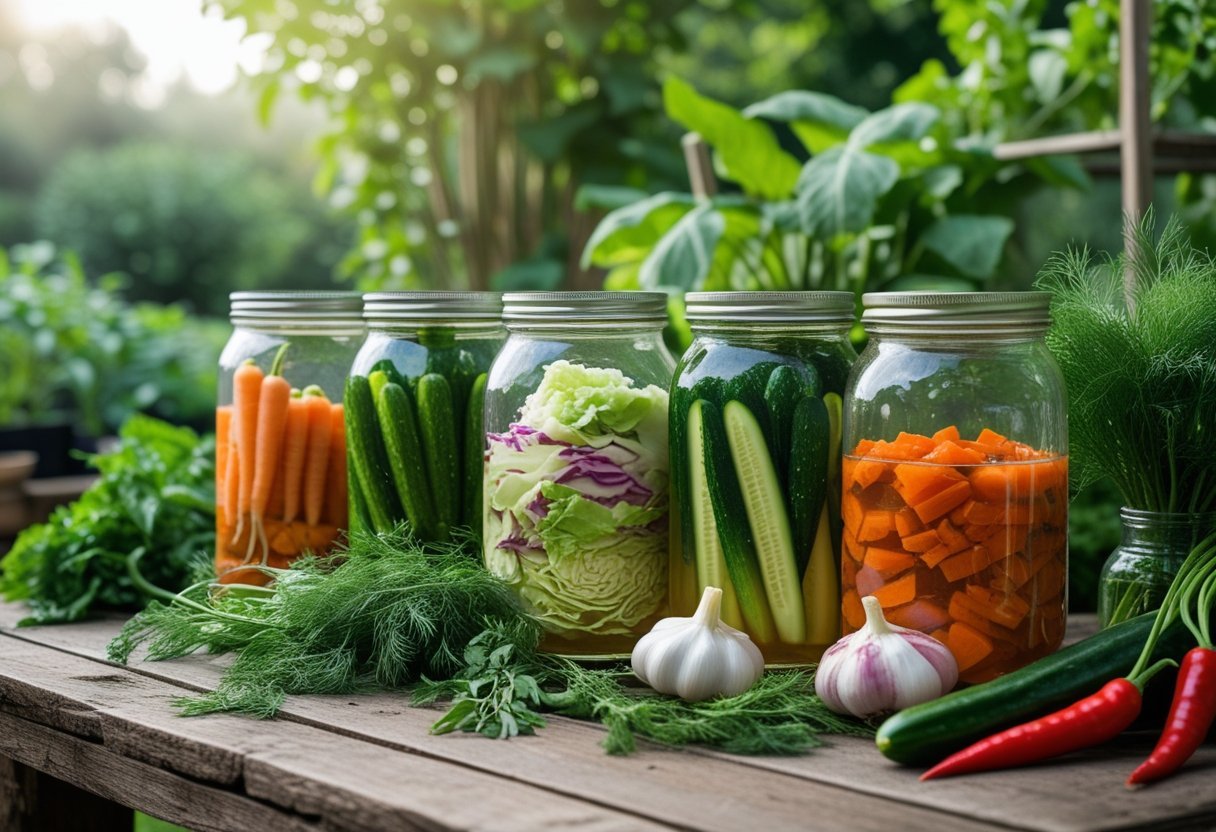 Several glass jars filled with colorful fermented vegetables arranged on a wooden table in a garden setting with fresh produce and green plants around.