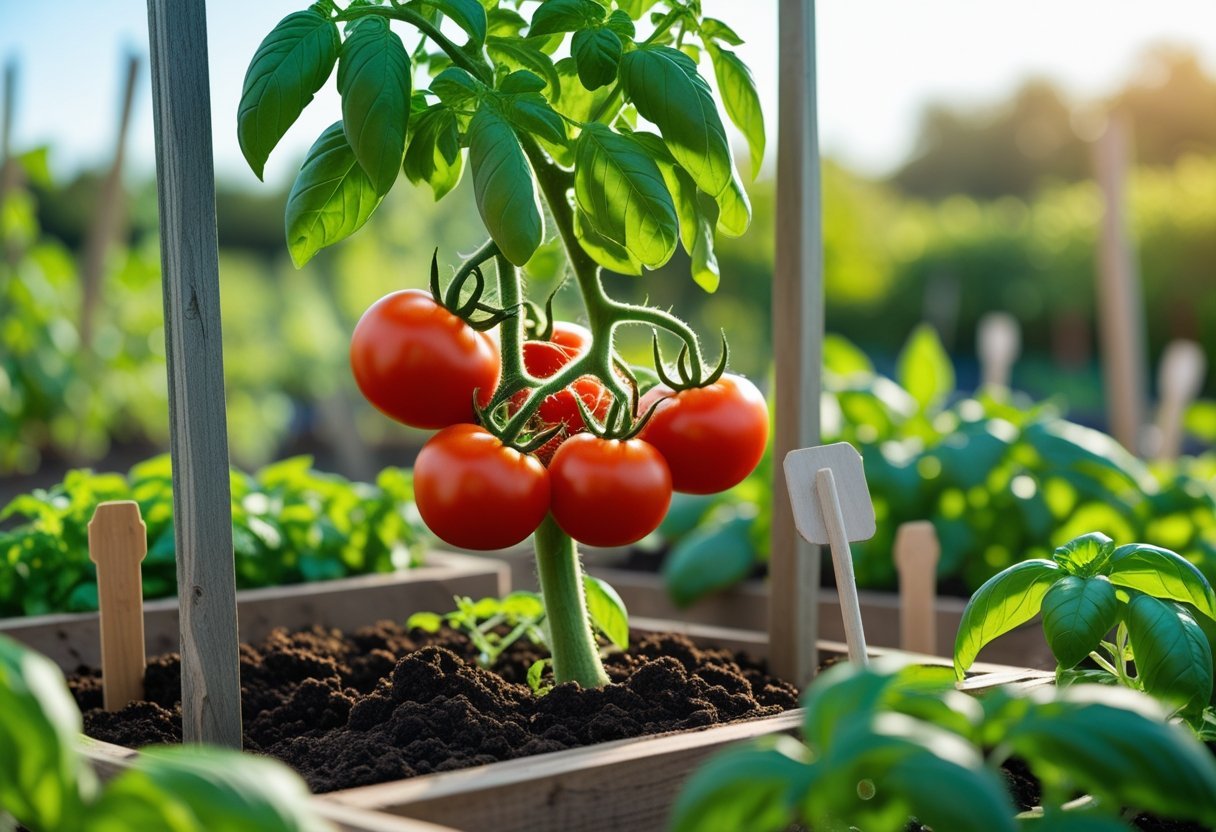A garden with ripe red tomatoes and green basil plants growing together in raised beds under sunlight.