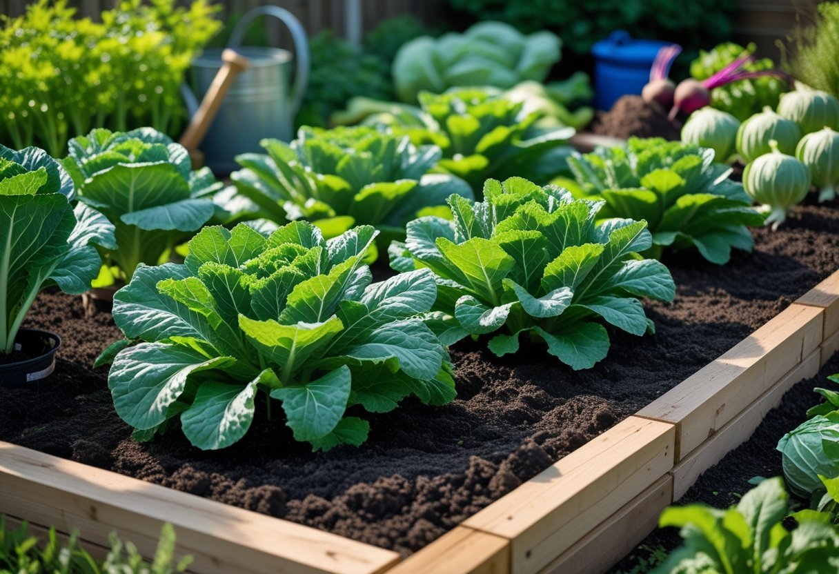 A garden bed with green horseradish plants growing among other fermentation crops in rich soil, bordered by wooden planks with gardening tools nearby.