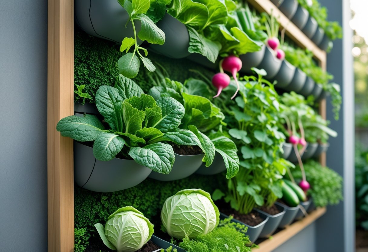 A vertical wall garden with various fermentation crops like cabbage, cucumbers, radishes, and herbs growing in individual containers.
