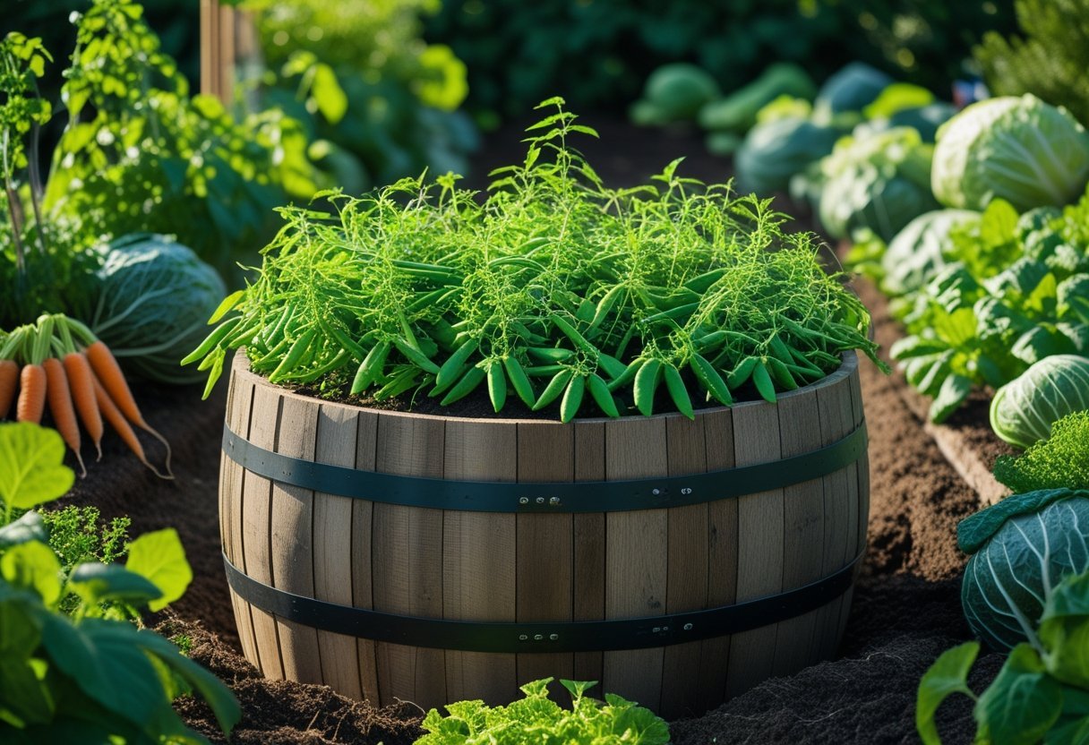 A wooden barrel garden filled with green bean plants and other vegetables growing in a sunny outdoor garden.