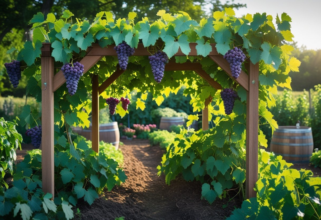 A garden with a wooden arbor covered in grapevines bearing ripe grapes, surrounded by garden beds and gardening tools.
