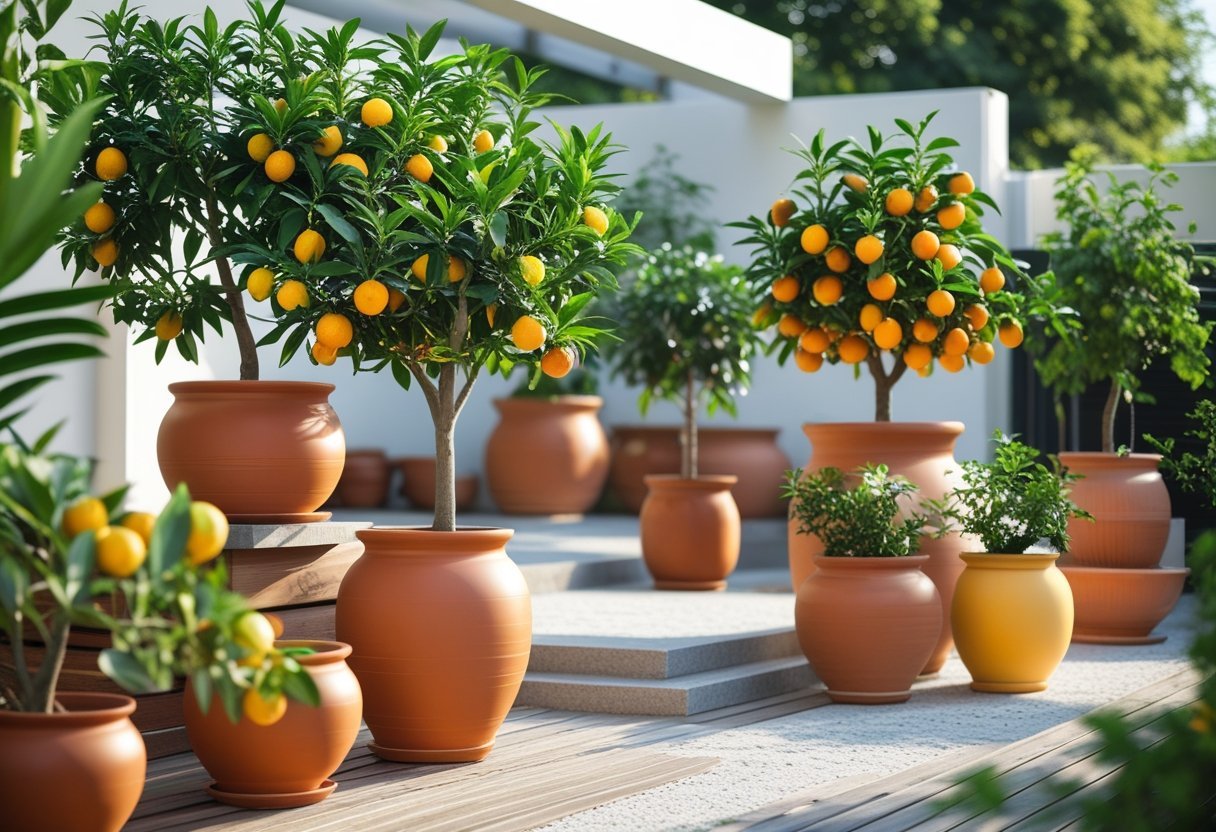 A collection of potted citrus trees with ripe fruits arranged outdoors on a wooden deck and stone patio.