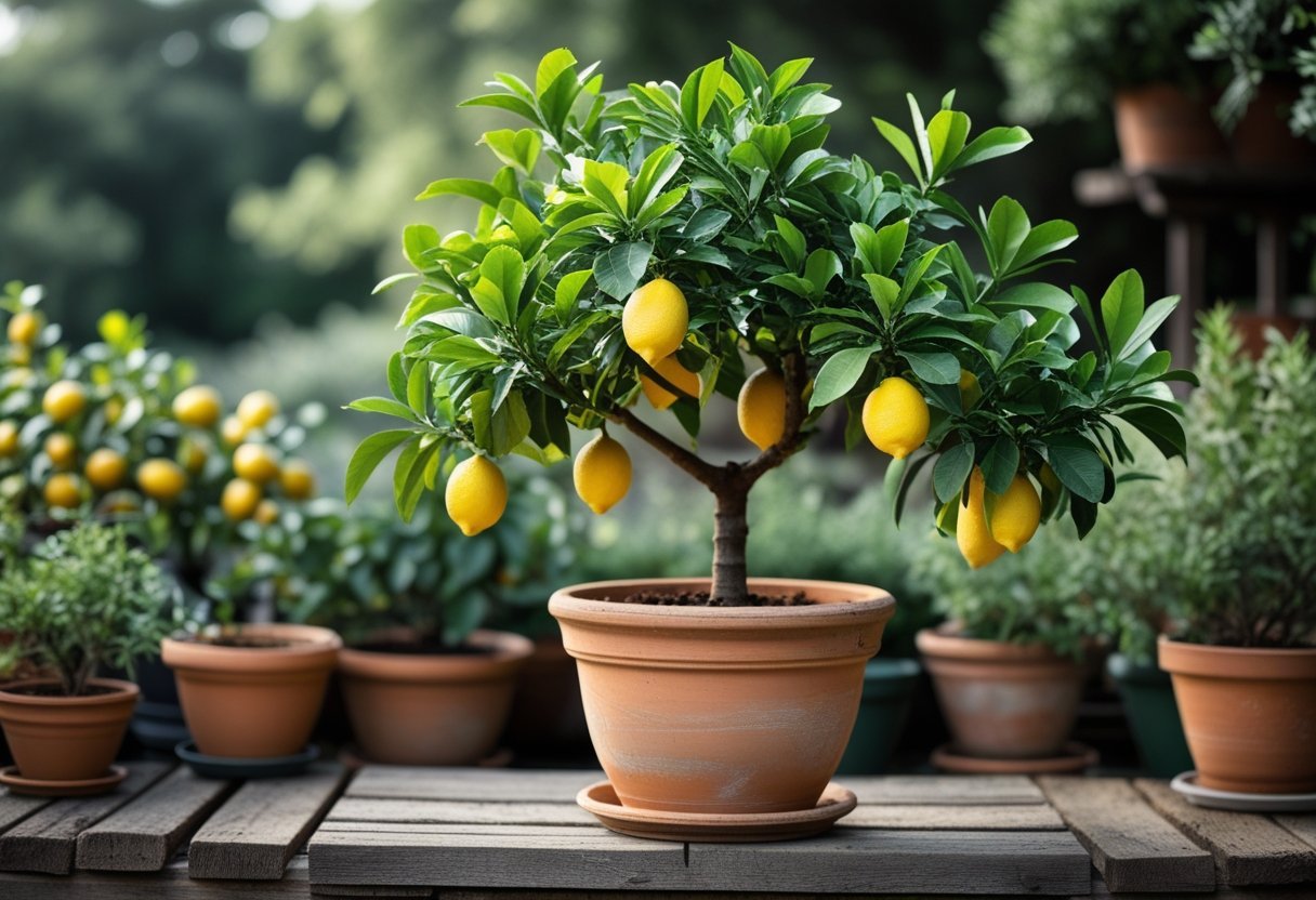 A dwarf lemon tree with green leaves and yellow lemons in a terra cotta pot surrounded by other potted citrus plants on a wooden surface.
