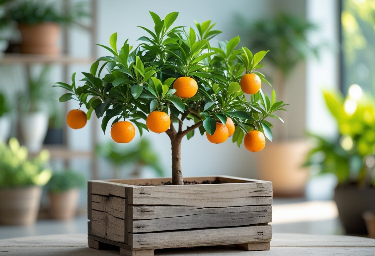 A miniature orange tree with ripe fruit growing in a wooden planter indoors.