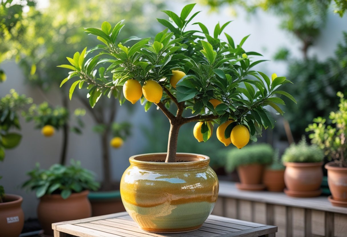 A Meyer lemon tree with ripe yellow lemons growing in a glazed ceramic pot surrounded by other potted citrus plants in a garden.