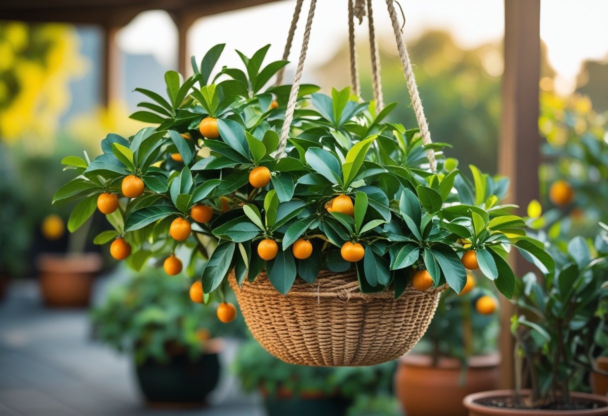 A kumquat tree with green leaves and small orange fruits growing in a hanging basket surrounded by other potted citrus plants.