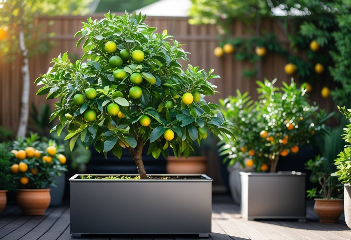 A lime tree growing in a raised metal planter surrounded by other potted citrus plants on a wooden deck.