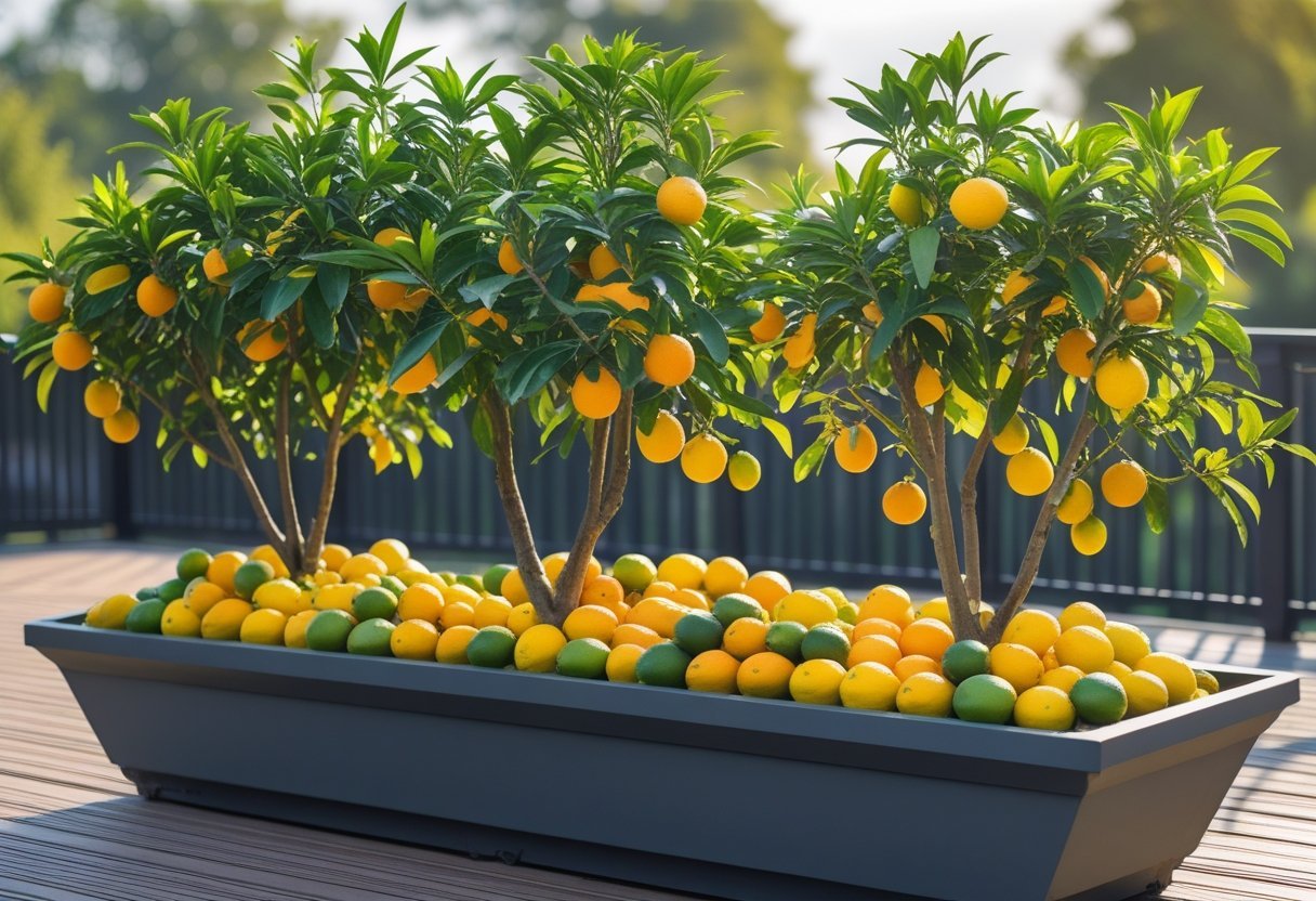 Large rectangular trough planter with multiple mixed citrus trees bearing lemons, oranges, and limes outdoors on a wooden deck.