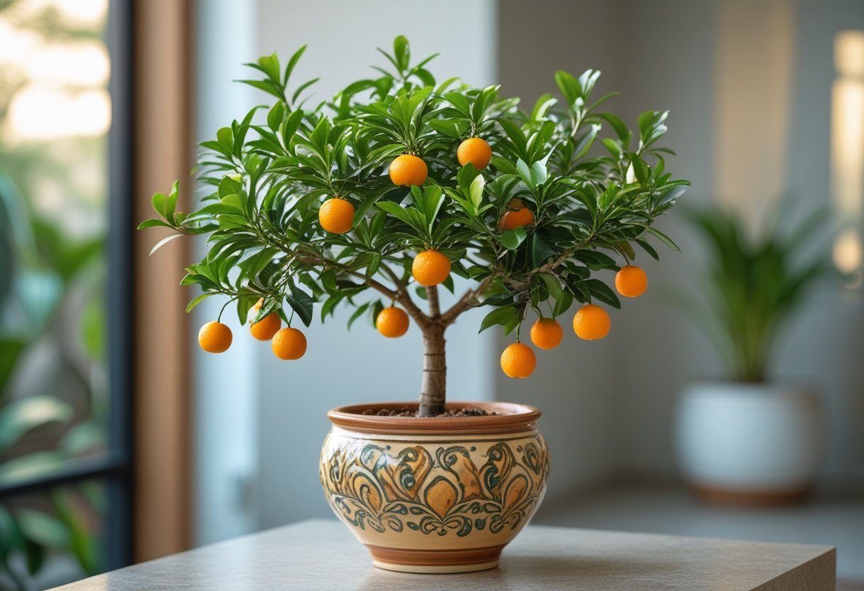 Indoor calamondin orange tree with small orange fruits in a decorative pot inside a room.