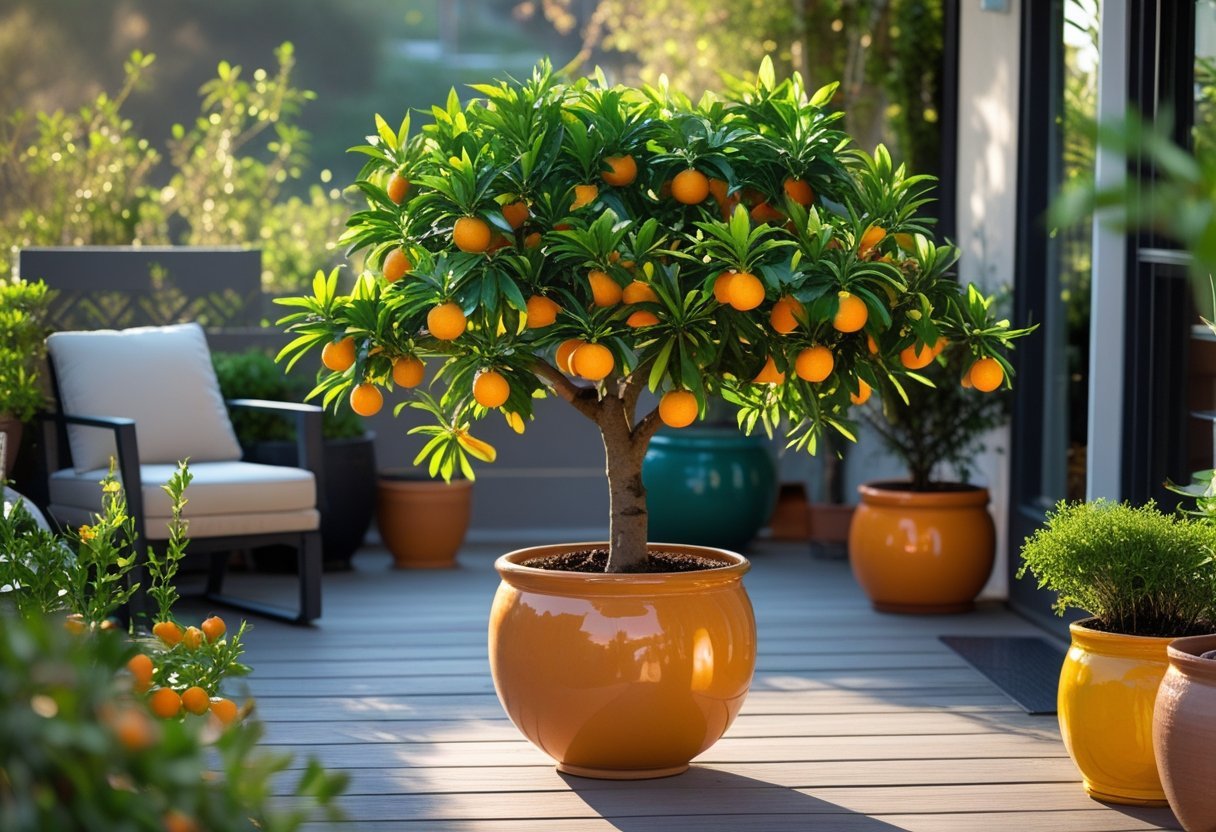A patio with a potted mandarin tree bearing small orange fruits surrounded by other potted citrus plants.