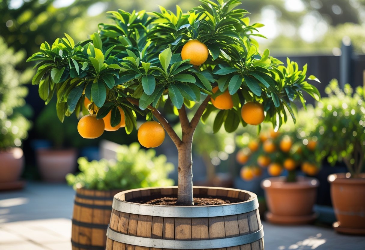 A grapefruit tree with ripe fruit growing in a wooden barrel planter surrounded by other potted citrus plants in an outdoor garden.