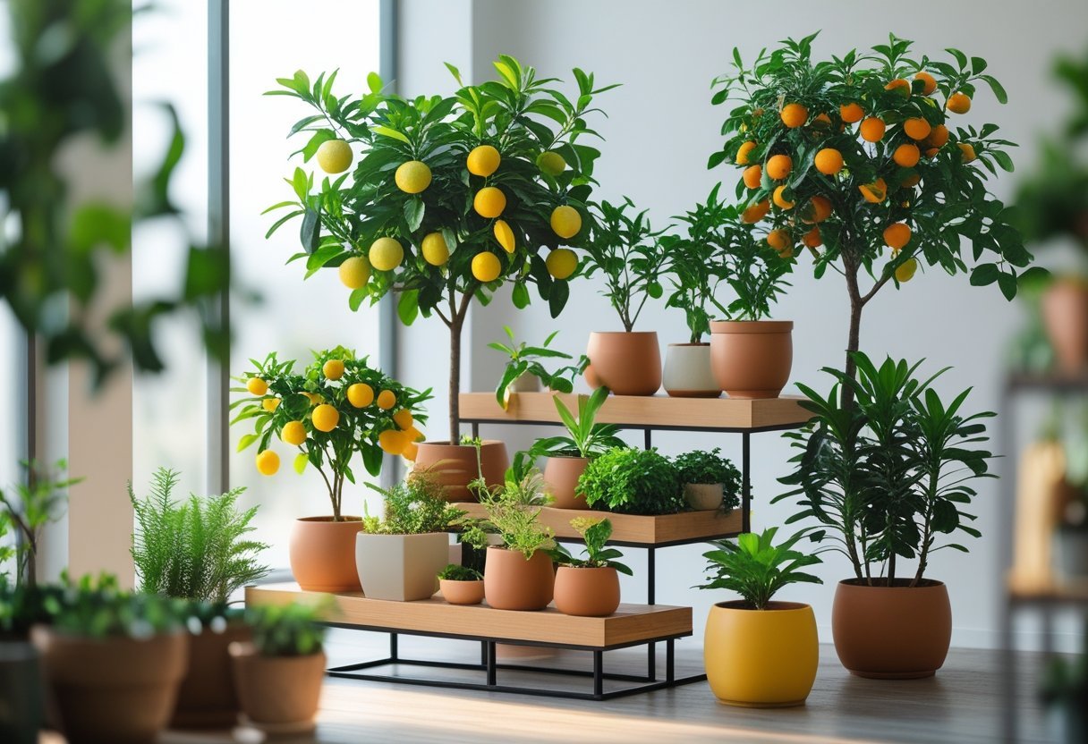A tiered display of multiple potted citrus plants with green leaves and ripe fruits arranged on a wooden stand near a window.