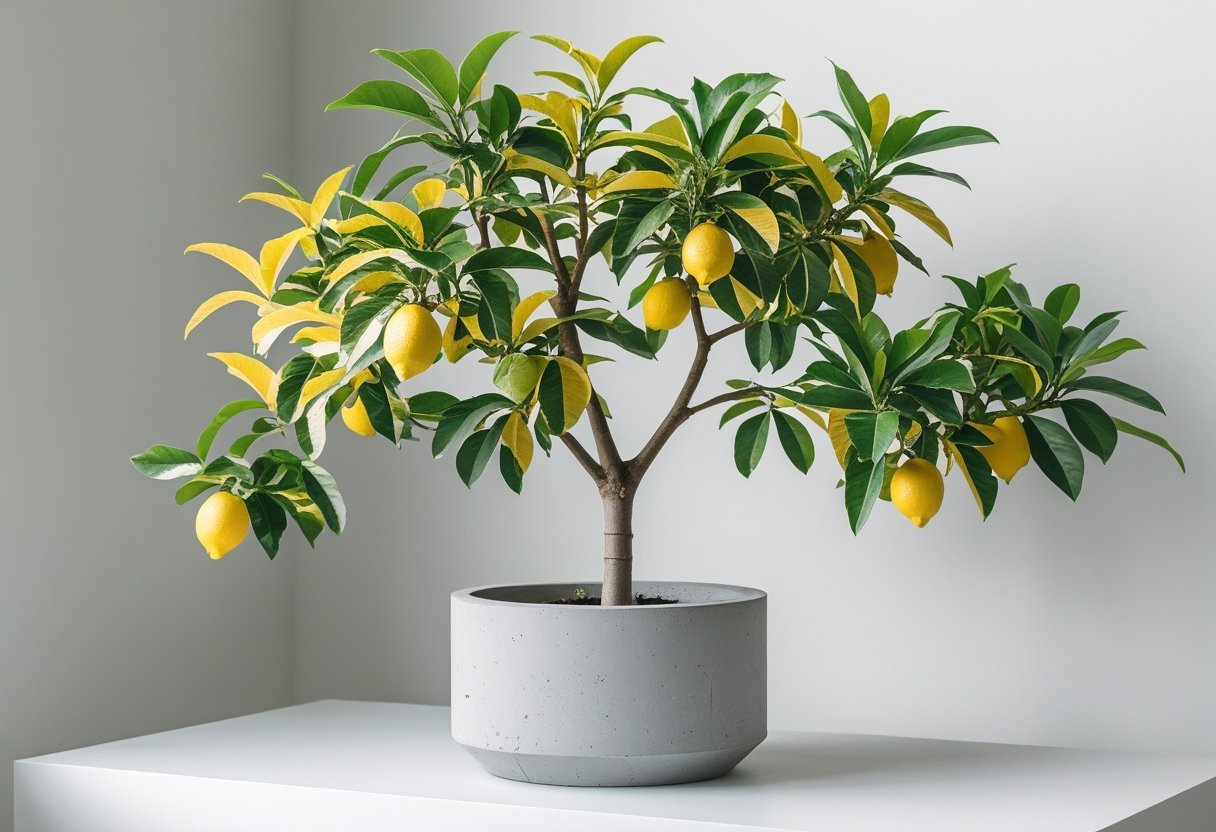 A variegated lemon tree with small lemons in a gray concrete pot on a white surface.