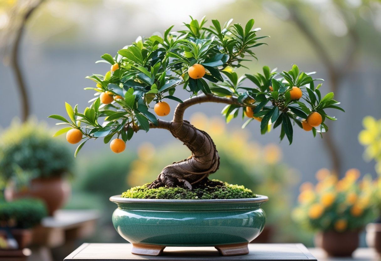 A small citrus tree with green leaves and orange fruits in a shallow pot, placed in a garden setting.