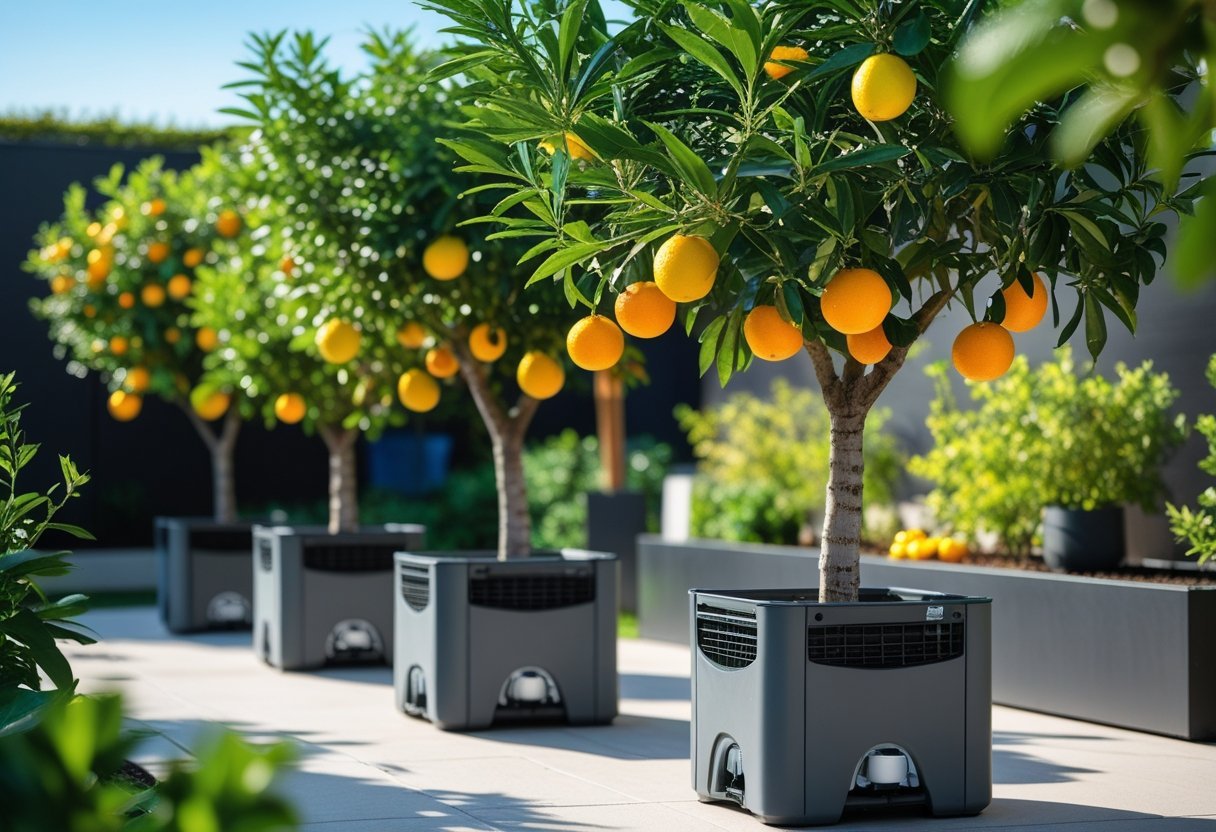 A small garden with several citrus trees in self-watering containers, bearing ripe oranges, lemons, and limes.