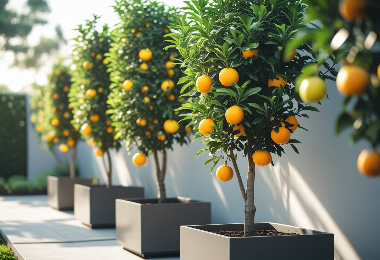 A row of espaliered citrus trees with ripe oranges and lemons in narrow rectangular planters in an outdoor garden.