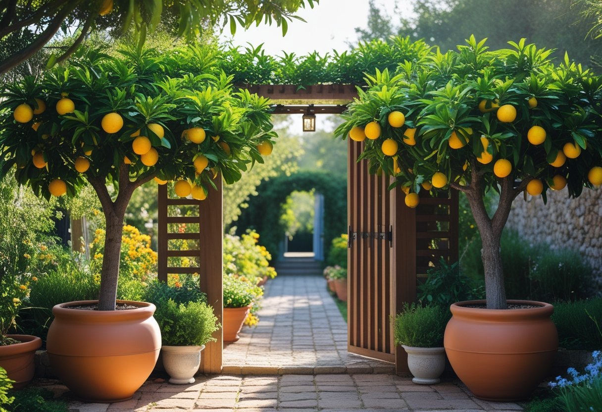 A garden entrance framed by two potted citrus trees with ripe fruit and green leaves, leading to a pathway surrounded by plants.