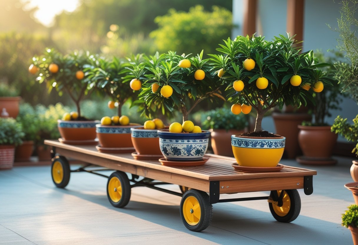 A rolling cart holding several potted dwarf citrus trees with green leaves and colorful fruits outdoors on a patio.