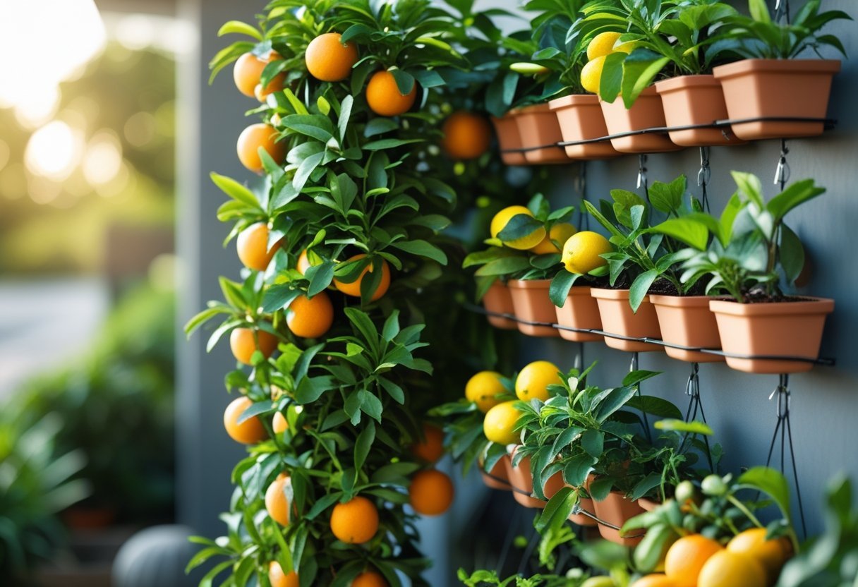 Vertical garden with hanging pots containing citrus plants bearing oranges, lemons, and limes.