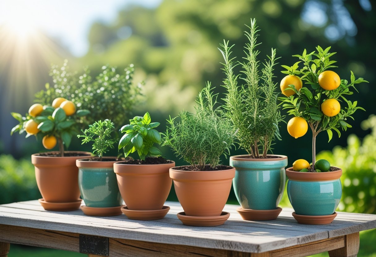 Potted citrus trees and herb plants arranged together on a wooden table outdoors in a garden.
