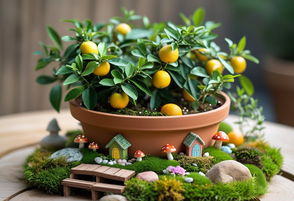 A terracotta pot with citrus plants and miniature fairy garden decorations including tiny houses, mushrooms, and moss on a wooden surface.