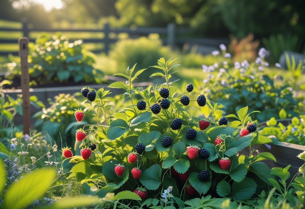 A wild berry garden with ripe strawberries, raspberries, blackberries, and blueberries growing among green plants and wildflowers on a sunny day.