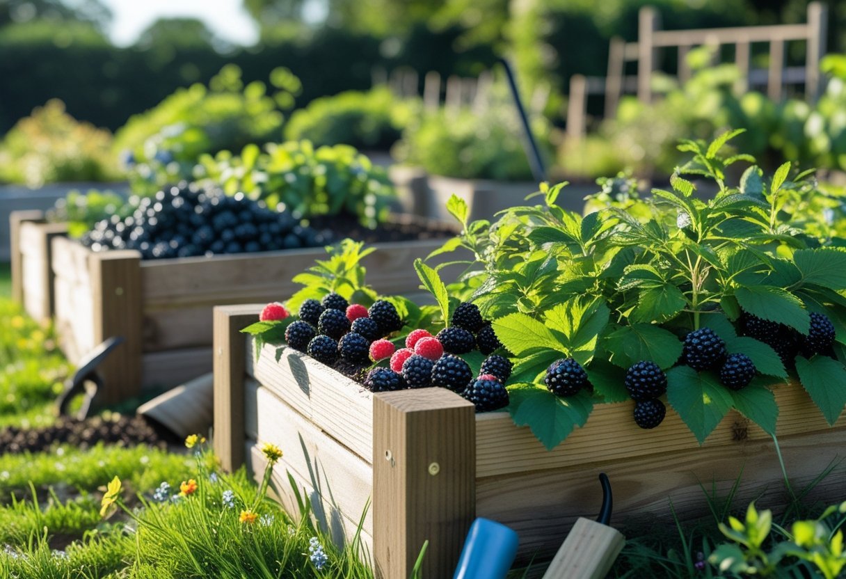 Raised wooden garden beds filled with green plants and ripe wild berries in an outdoor garden setting.
