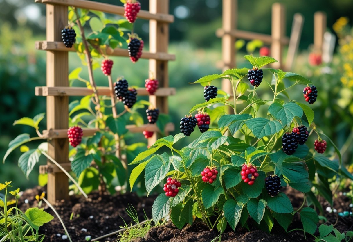 A wild berry garden with ripe berries growing on plants supported by wooden trellises surrounded by green leaves.