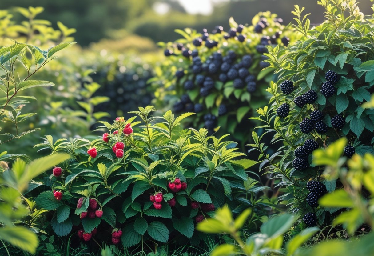 A wild berry garden with green bushes full of ripe raspberries, blackberries, and blueberries under natural sunlight.