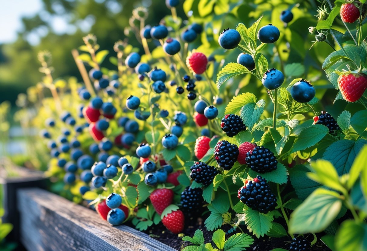 A garden border filled with ripe blueberries, raspberries, blackberries, and strawberries growing among green leaves.