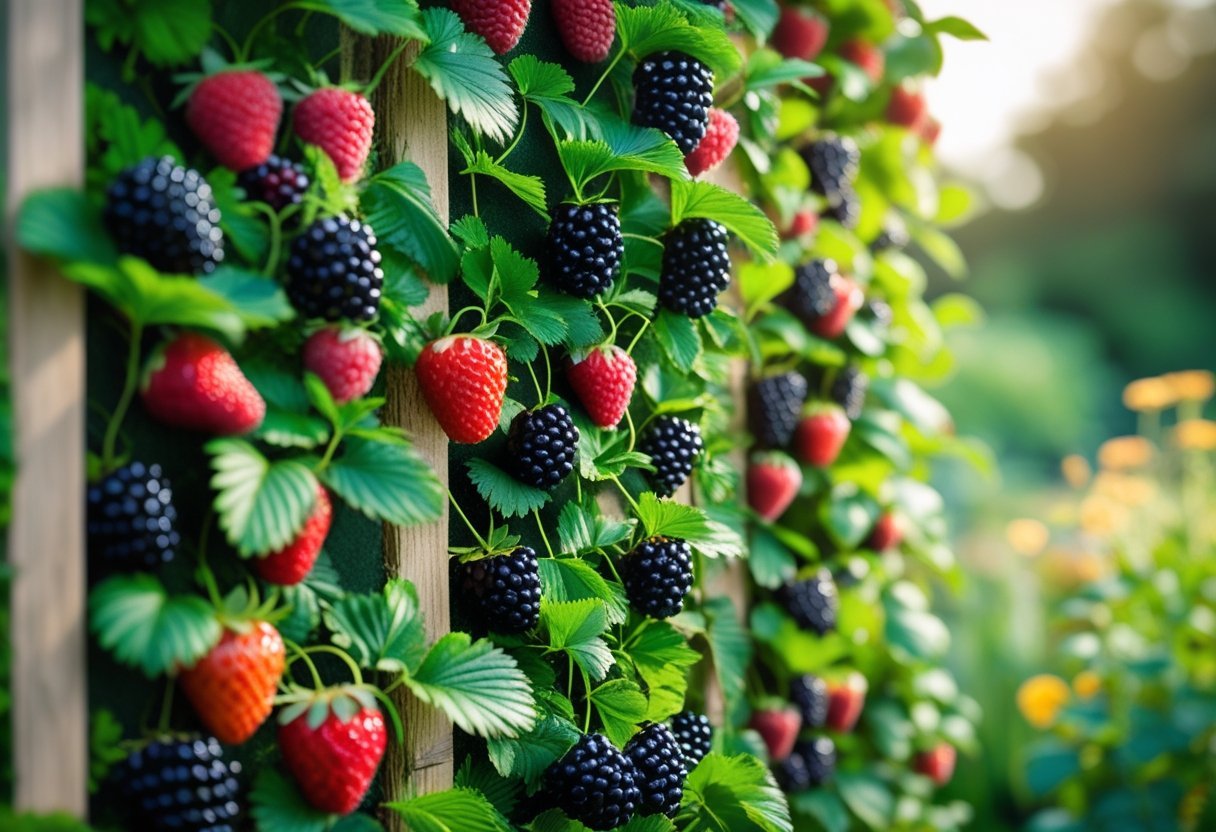 A vertical garden wall covered with ripe wild berries including strawberries, raspberries, and blackberries among green leaves.